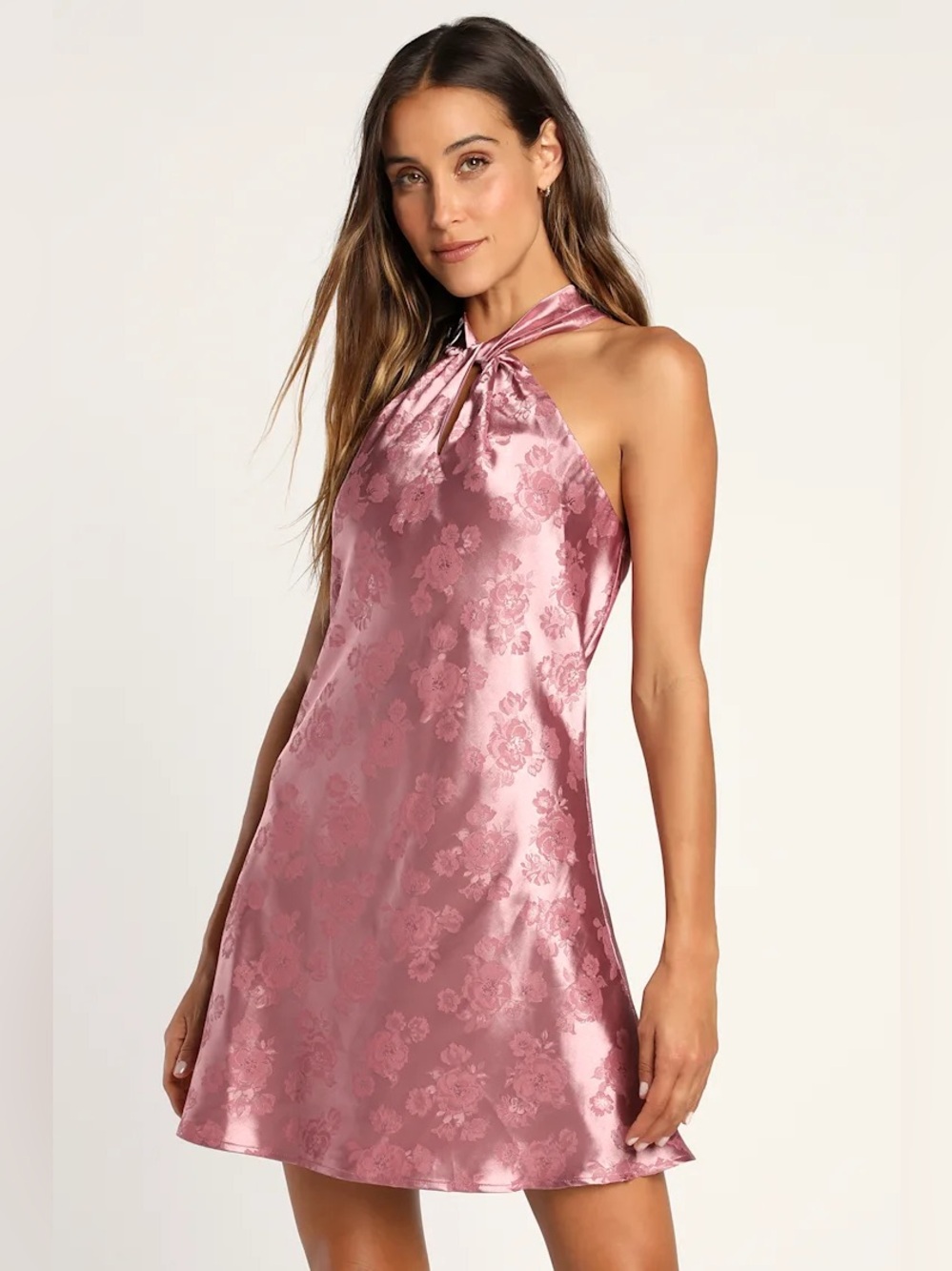 Lulus NWT Got the Key Mauve Satin Floral Jacquard Halter Mini Dress XS feminine